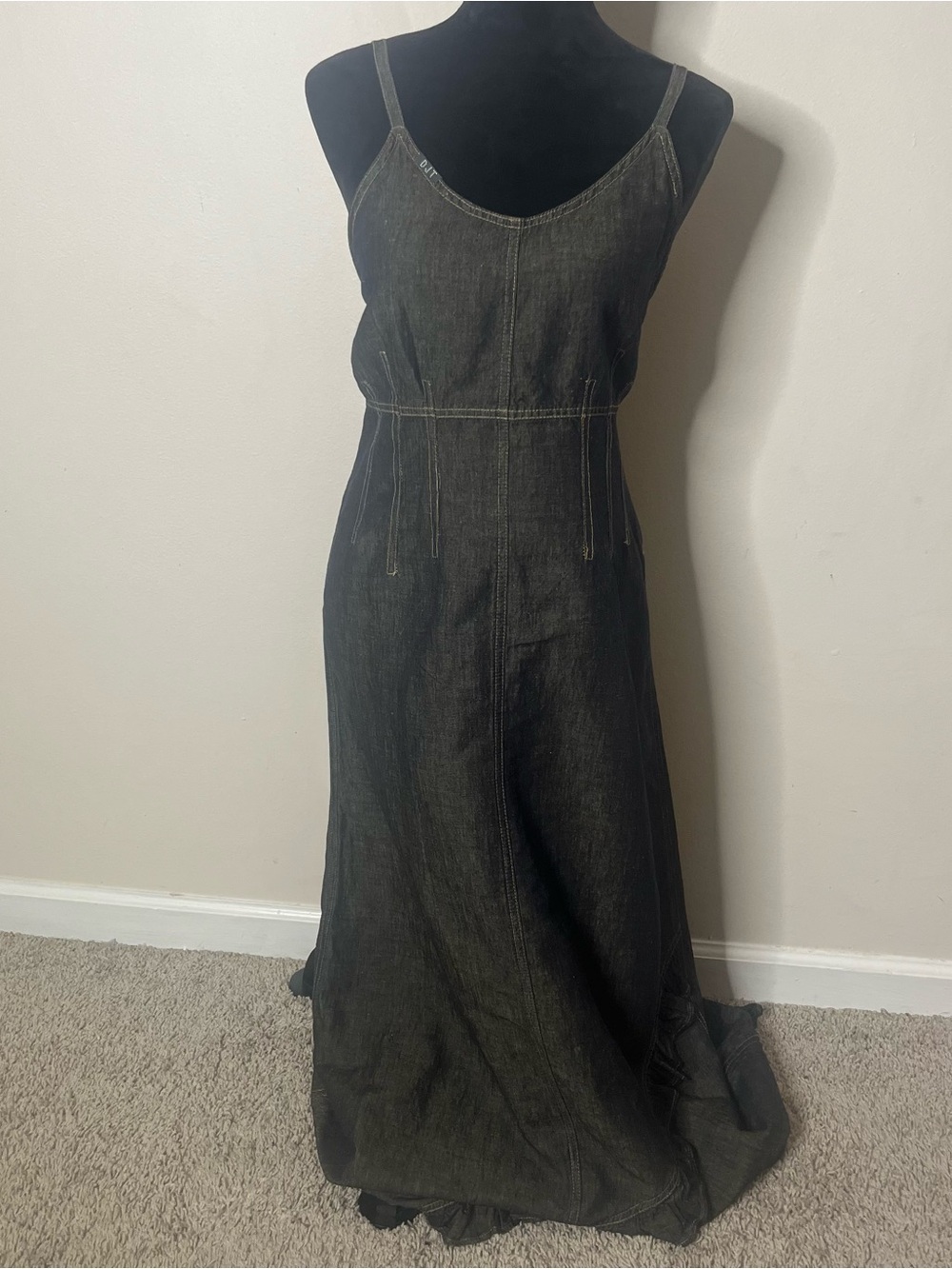 Didi Women’s Black Linen Cotton Sleeveless Ruffle‎ Tulip Hem Denim Maxi Dress 3